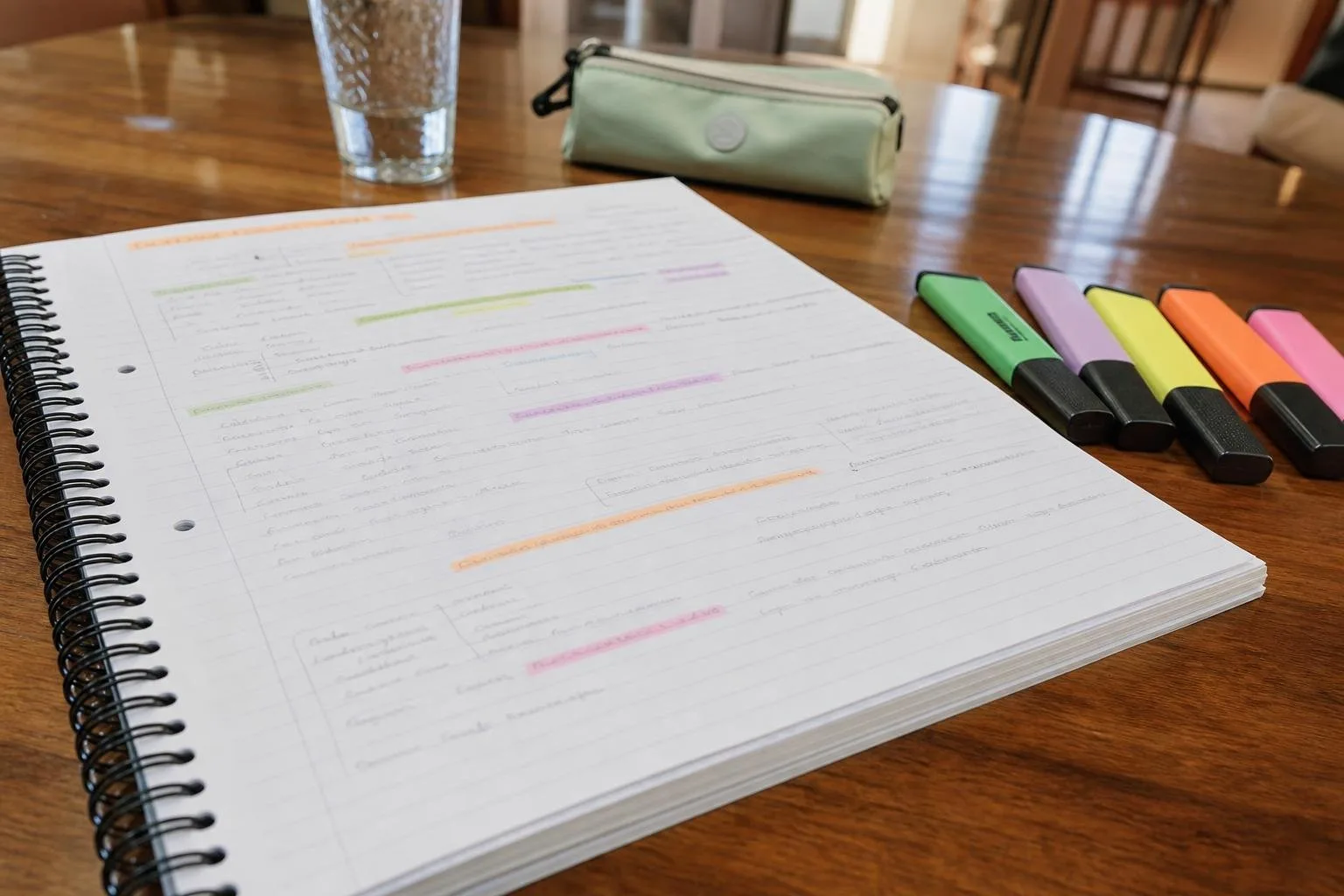 Cuaderno con ejercicios de gramática y rotuladores de colores